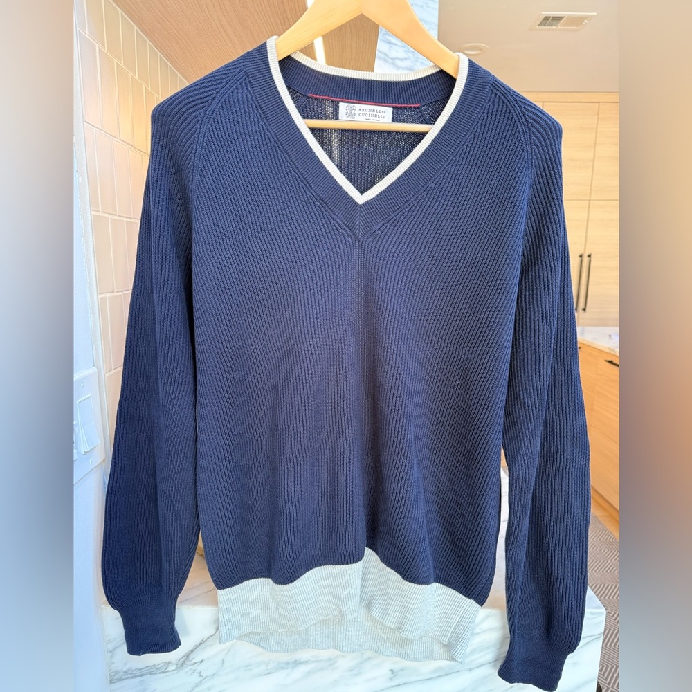 Brunello Cucinelli Navy and Cream V-Neck Sweater